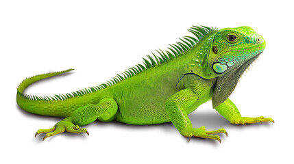 Fototapeta premium Vibrant green iguana in a natural pose, cut out and placed on transparent background for easy use.