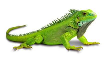 Vibrant green iguana in a natural pose, cut out and placed on transparent background for easy use.