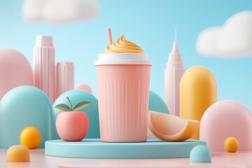Fototapeta premium Pastel Pink Smoothie Cup with Whipped Cream and Fruit, City Skyline Background