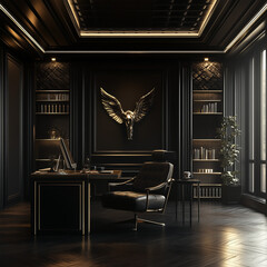 luxury office room with dark wood