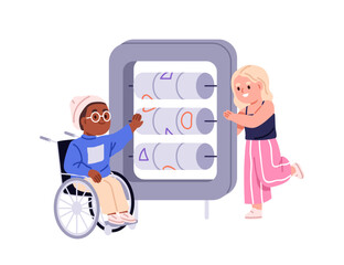 Kids with abacus toy, playground equipment. Happy children, boy in wheelchair and girl, kindergarten friends fun, communication, entertainment. Flat vector illustration isolated on white background
