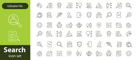 Search stroke line icon set. Containing magnifying glass, find, research, SEO and investigate icons. Stroke outline icon collection. Editable stroke.