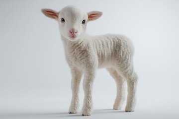 Fototapeta premium White lamb stands on white backdrop, for easter or spring, simple and plain background