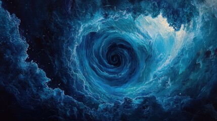 Vivid cosmic vortex swirling in a galaxy-like formation, with rich blues and dynamic cloud patterns.