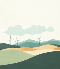 A painting of a field with two wind turbines in the background. The mood of the painting is peaceful and serene