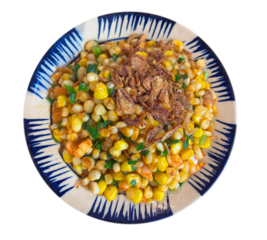 Vietnam street food. Bap Xao or Conr with oil and small shrimp. Fried corn ( bap xao ) vietnamese street food in Ho Chi Minh city, Vietnam.