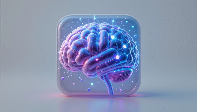 Modern 3D icon of an Al brain with neural network connections, designed for use in artificial intelligence, machine learning, or data science projects.