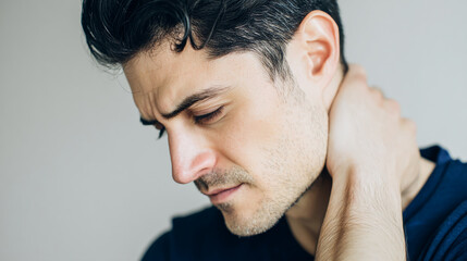 Obraz premium Close-up of a man's face, head tilted down, hand on neck, suggesting discomfort or stress, conveying feelings of tension and worry