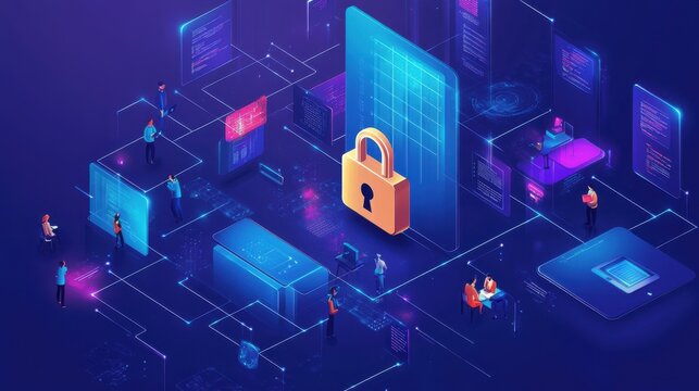 secure cyber security network with padlock icon, digital protection and data privacy concept illustration
