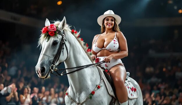 Mature beautiful plus-size woman in colorful bikini with flower patterns posing sitting on the horse back on stage on the fashion show.