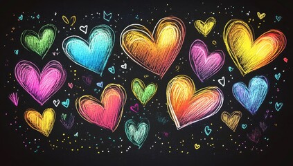 A vibrant display of colorful hand-drawn hearts on a black background.