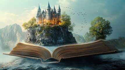 A magical castle emerges from the pages of an open book in a fantasy setting, surrounded by a mystical landscape. © amin