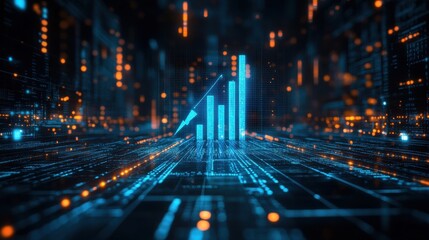 Futuristic digital financial growth chart with glowing bar and line graphs in a cybernetic cityscape.