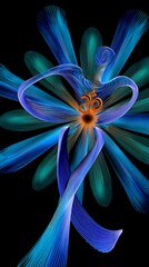 Abstract swirling figure with Om symbol, on a black background