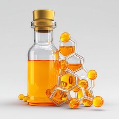 Orange Liquid in Glass Bottle with Molecular Structure on Surface