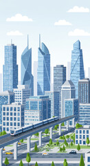 Obraz premium Cityscape Vector Art: Modern Urban Skyline, Transportation, and Buildings Illustration for Backgrounds, Posters, Wallpapers, and Designs