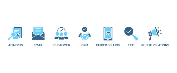 Inbound marketing banner web icon vector illustration concept with icon of analysis, email, customer, crm, guided selling, seo and public relations