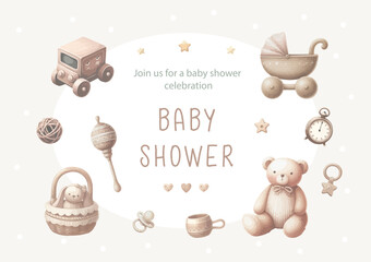 Watercolor New born baby shower invitation. Greeting card with baby toys and accessories.