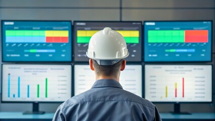 Engineer Monitors Data on Multiple Screens in a Control Room Environment