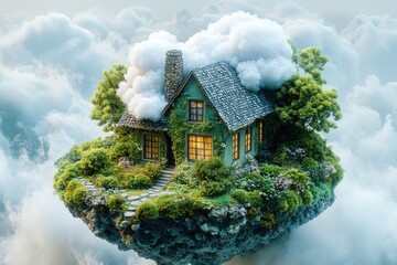 A fantasy cottage floating in a beautiful cloudy sky environment