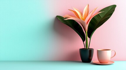 Peach Flower and Pink Coffee Cup Minimalist Still Life on Textured Wall