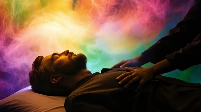 Participants engage in a transformative energy healing session, exploring hands-on techniques with vibrant visual elements illuminating the serene atmosphere and enhancing relaxation.