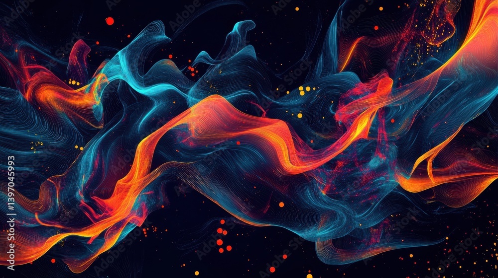 Poster abstract vector modern background with multicolor wavy lines and particles. futuristic waves. illust