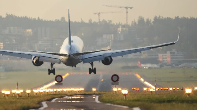 Large, commercial passenger airplane landing on an illuminated airport runway. Ground level, rear of the plane point of view, touchdown and taxi, real time, super-telephoto, early morning light, no pe