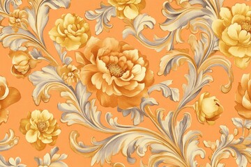 Ornate floral design on an orange background.