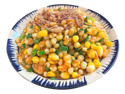 Vietnam street food. Bap Xao or Conr with oil and small shrimp. Fried corn ( bap xao ) vietnamese street food in Ho Chi Minh city, Vietnam.