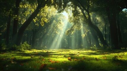 Obraz premium Sunlight streams through a dense forest. Lush green foliage, fallen leaves, and dappled light create a serene atmosphere