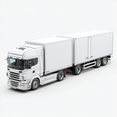 White Delivery Truck with Two Large Cargo Trailers on Gray Background