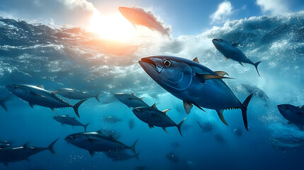 Fototapeta premium A school of tuna fish leaping from the ocean, energized by the warmth of the sun, a scene full of life and the vibrant pulse of the underwater world