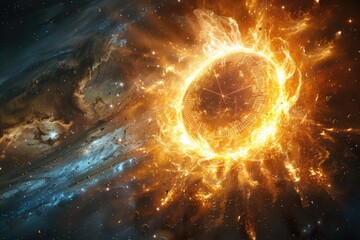 Fototapeta premium A fiery celestial clock dominates a swirling cosmic celestial scene
