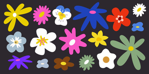 Botanical set of abstract colorful spring flowers and plants. Organic floral doodles, leaves of different shapes. Trendy hippie funky shapes in cartoon retro style. Vector cartoon illustration