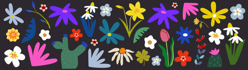 Botanical set of abstract colorful spring flowers and plants. Organic floral doodles, leaves of different shapes. Trendy hippie funky shapes in cartoon retro style. Vector cartoon illustration