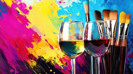 Art and wine night banner featuring paintbrushes, wine glasses, and vibrant splashes of color, designed to promote summer sip and paint events, creative workshops, art and wine experiences. illustrat