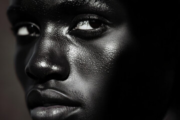 Naklejka premium Close-up portrait of a person with glistening skin highlighting facial features and expressions