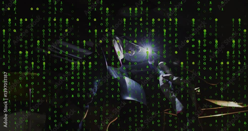 Poster green binary code animation over futuristic robotic machinery with glowing light