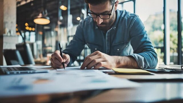 A person is intently examining papers and taking notes at a desk with a laptop and stationery items scattered around. The atmosphere is bright and inviting.