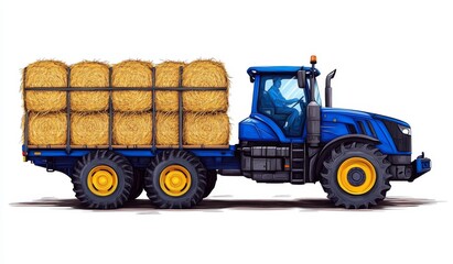 Obraz premium A modern image shows a tractor pulling a trailer packed with hay