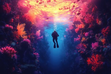 A female marine biologist in scuba gear diving underwater with fish swimming around the coral reef. Clear blue water and sunlight filtering through.