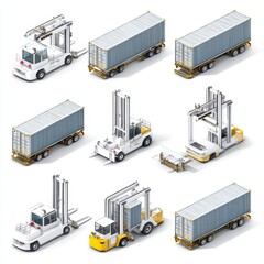 Various Warehouse Equipment and Container Transport in Isometric Style