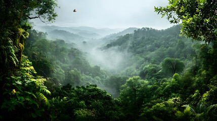 A picturesque International Day of Forests scene with lush greenery and wildlife against a misty morning forest backdrop, wide shot, Naturalist style