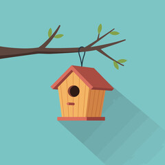 Wooden Birdhouse Hanging from Tree Branch in Minimal Flat Style Vector Illustration