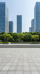 Modern Cityscape: Gleaming Towers, Green Trees & Open Plaza - Urban Design, Architecture, & Tranquility in the City