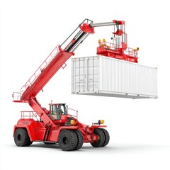 Red Container Handler Lifting Cargo with Precision in Warehouse Setting