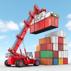 Crane handling cargo containers at a shipping yard under blue sky