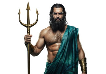 Isolated Powerful Poseidon Holding Trident with Determined Look