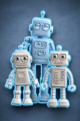 Naklejka premium Three playful robot figures stand together, showcasing a blend of retro and modern design elements against a textured background.